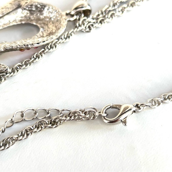 Cat Arched Back Pink Stones Pendant Necklace Silver Tone Long 24” Chain - Picture 9 of 9